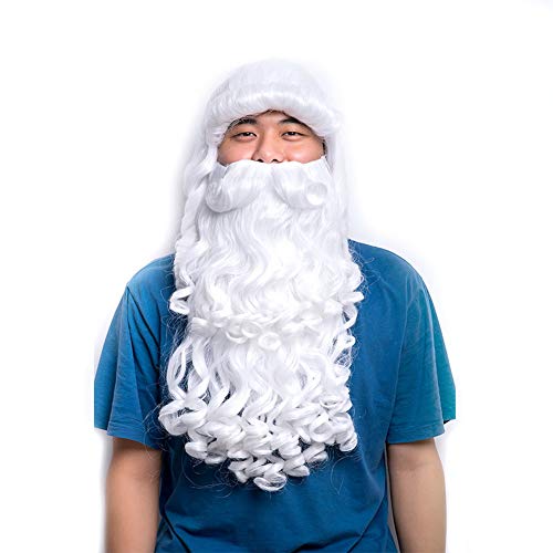 HOOLAZA Weiß Medium Big Curly Bangs Weihnachtsmann Perücke mit Whisker Christmas Party Cosplay Perücke von HOOLAZA