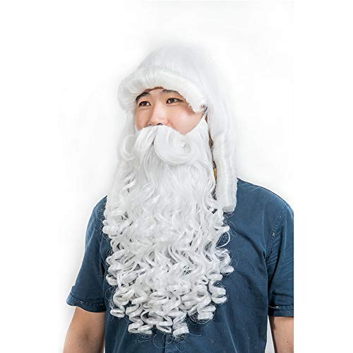 HOOLAZA Weiß Medium Big Curly Bangs Weihnachtsmann Perücke mit Whisker Christmas Party Cosplay Perücke von HOOLAZA