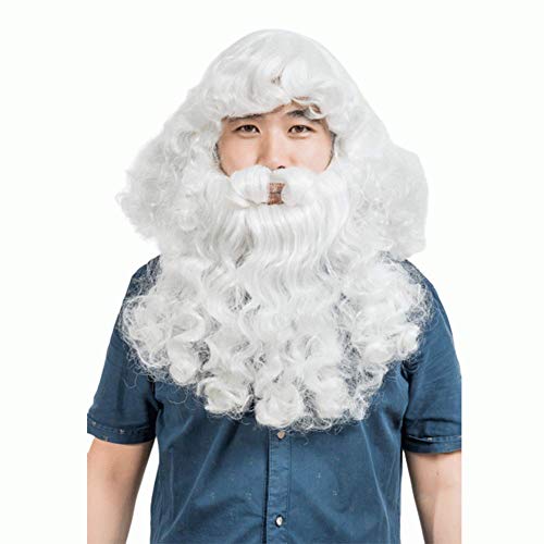 HOOLAZA Weiß Medium Big Curly Bangs Weihnachtsmann Perücke mit Whisker Christmas Party Cosplay Perücke von HOOLAZA