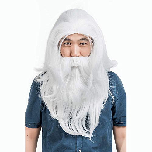 HOOLAZA Weiß Medium Slight Curly Bangs Weihnachtsmann Perücke mit Whisker Christmas Party Cosplay Perücke von HOOLAZA