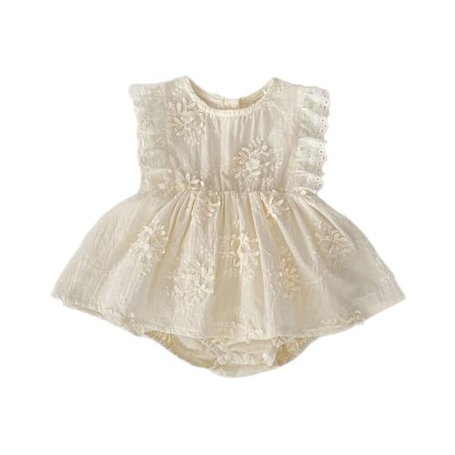 HOOLCHEAN Baby Mädchen Sommer Leichte Baumwolle Strampler Kleid Einteiler mit Stickerei Spitze Rüschen Flatterärmel, cremefarben, 3-6 Monate von HOOLCHEAN