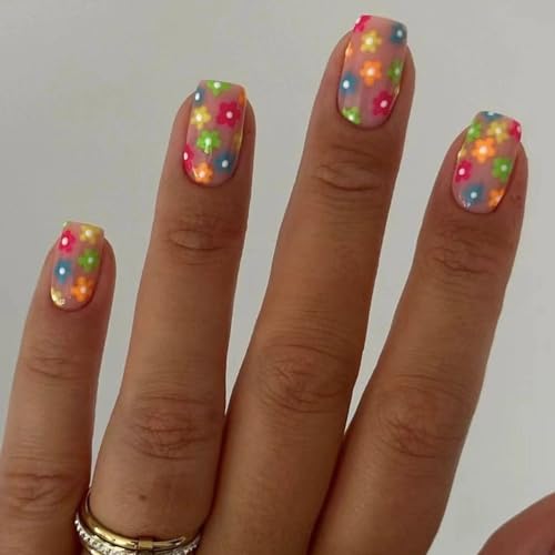 24 quadratische Nägel zum Aufdrücken, glänzende Designs, französische künstliche Nägel, Acryl, künstliche Nägel, zum Aufkleben auf Nägel, für Damen von HOOLRZI