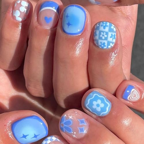 24 quadratische Nägel zum Aufdrücken, glänzende Designs, französische künstliche Nägel, Acryl, künstliche Nägel, zum Aufkleben auf Nägel, für Damen von HOOLRZI