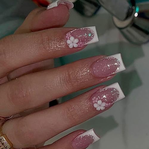 24 quadratische Nägel zum Aufdrücken, glänzende Designs, französische künstliche Nägel, Acryl, künstliche Nägel, zum Aufkleben auf Nägel, für Damen von HOOLRZI