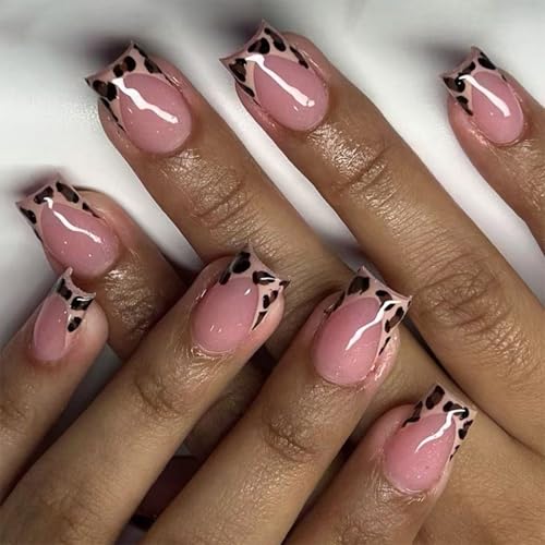 24 quadratische Nägel zum Aufdrücken, glänzende Designs, französische künstliche Nägel, Acryl, künstliche Nägel, zum Aufkleben auf Nägel, für Damen von HOOLRZI