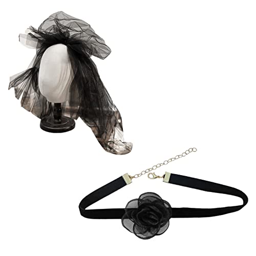 Gotisches Schwarzes Blumen Stirnband Dekoratives Tüll Schleier Kopfstück Halsband Halskette Halloween Kopfschmuck Cosplay Haar Accessoire Schwarze Blumen Blumen Stirnbänder Für Frauen Und Mädchen von HOOLRZI