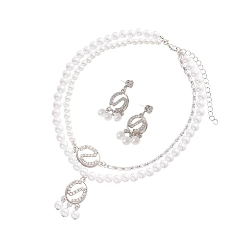 HOOLRZI Elegantes, doppellagiges Zirkonia-Schmuck-Set mit eingelegten Halskette und Ohrringen mit Kunstperlen für Damen, Royal Courts Schmuck, Kunstperlen-Schmuck-Set von HOOLRZI