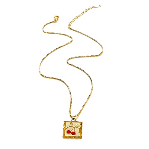 HOOLRZI Halskette mit Anhänger im Retro-Stil, französisch inspiriert, Kirschen/Erdbeere/Zitrone, verstellbare Länge, Schlüsselbeinkette, Schmuck, Stahlschmuck, Einheitsgröße, Wie beschrieben, Wie von HOOLRZI