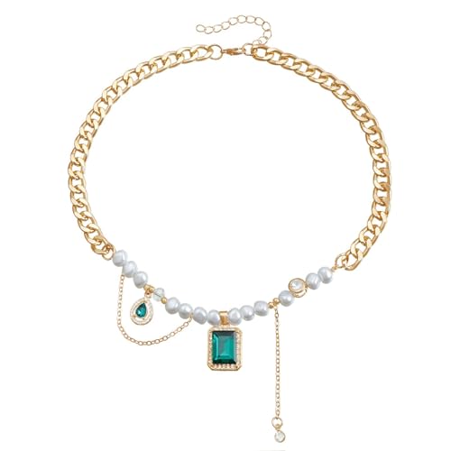 HOOLRZI Modische Damen-Choker-Halskette mit grünem Zirkon und Imitationsperlen zur Hervorhebung des Halsausschnitts, elegante Charm-Perlen und Zirkon-Anhänger von HOOLRZI