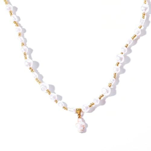 HOOLRZI Perlenkette, elegante Perlenkette mit Kreuzanhänger, stilvoller und modischer Halsschmuck für modebewusste Menschen von HOOLRZI