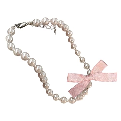 HOOLRZI Schleife Perlenkette Elegante französische Halskette Band Schleife Anhänger Halskette Perlen Perlen Schleife Kragenkette für Frauen Stilvolle Verzierung von HOOLRZI