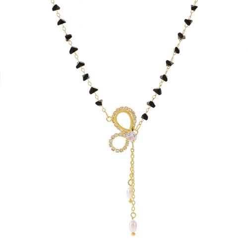 HOOLRZI Vielseitige Bowknot Form Perlen Anhänger Halskette Verstellbare Schwarze Stein Kette Choker Elegante Frauen Zubehör Damen Verstellbare Halskette von HOOLRZI