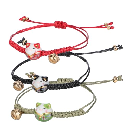 HOOTNEE 3 Maneki Neko Armbänder mit Glocke Verstellbare Glücksbringer Katzenarmbänder in Rot Grün Schwarz Süße Kulturell Inspirierte Freundschaftsstringarmbänder für Damen und Herren von HOOTNEE
