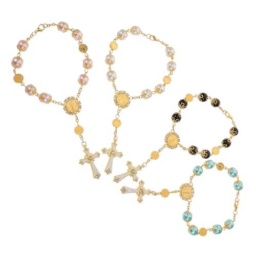 HOOTNEE 4 Stück Rosenkranz Armbänder mit Kreuz Anhänger Handgefertigte Gebetskette aus Bunten Glasperlen Gebogene Nadeltechnik Vielseitiger Schmuck für Gebet Yoga und Wohnaccessoire von HOOTNEE