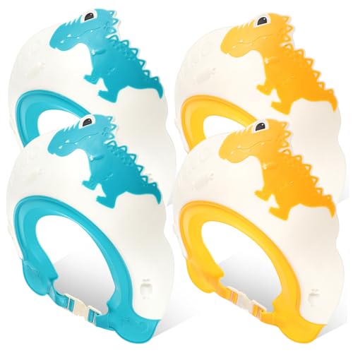 HOOTNEE 4 Stück Verstellbare Haarwaschschutz Kappe Teiliges mit Dinosaurier Motiv für Augen und Ohrenschutz Weiche Badehaube für Junge Mädchen und Kleinkinder Hautfreundlich und Angenehm von HOOTNEE