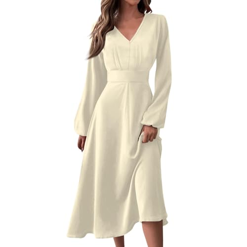 HOOUDO Angebote des Tages Heute Damen 2024 V-Ausschnitt Langarm und Fließendes Swing Mode Elegant Lässig Langes Kleid für Damen Kleid Übergröße Elegante Freizeitkleider Som Sale Angebote Bestellung von HOOUDO
