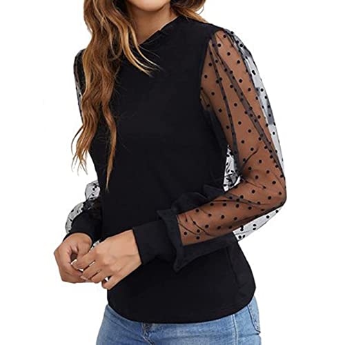HOOUDO Angebote des Tages Heute Oberteile für Damen Spitzenbluse Blusen mit Tupfen und Netzärmeln, Rüschen, Mock-Neck-Oberteile Blusen Damen Winter White V Neck Top Dark Green Mein Bestellung Sale von HOOUDO