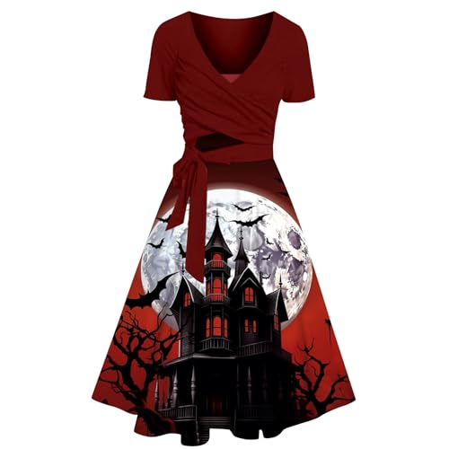 HOOUDO Angebote des Tages Heute Sommerkleid mit V-Ausschnitt und kurzen Ärmeln und Print Elegantes Kleid Damen Leichte Sommerkleider Gr 36 Maxi Trägerkleid Schwarz Strandkleide Mein Bestellung Sale von HOOUDO