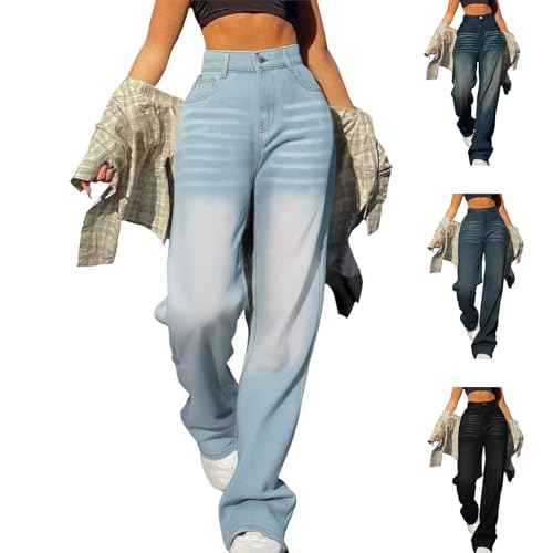 HOOUDO Baggy Jeans Damen, Damen Gerade geschnitten Jeans, klassisch Hohe Taille Weitem Bein Straight-Fit Straight-Fit Hohe Elastizität Schlaghose mit 4 Taschen Streetwear Hellblau S von HOOUDO