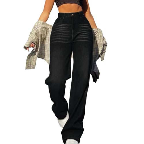 HOOUDO Baggy Jeans Damen, Damen Gerade geschnitten Jeans, klassisch Hohe Taille Weitem Bein Straight-Fit Straight-Fit Hohe Elastizität Schlaghose mit 4 Taschen Streetwear Schwarz XL von HOOUDO