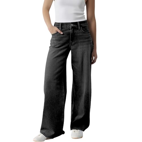 HOOUDO Baggy Jeans Damen, Stylische Weitem Bein Denim Pants, klassisch Hohe Taille Wide Leg Jeanshose, Lockere Passform Gerade geschnitten Jeans mit 4 Taschen Schwarz XS von HOOUDO