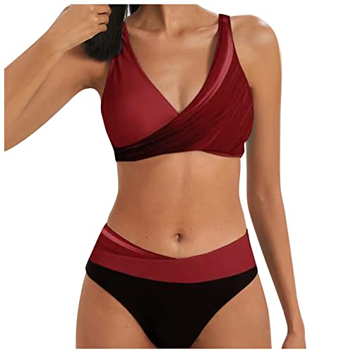 HOOUDO Bikini Damen Set Bauch Weg Bikini Oberteil Große Brüste Bauchweg Bademode Zweiteiliger Bikini Damen Push Up Sexy Bikini High Waist Damen V Ausschnitt Triangel Bikini Swimsuit Badeanzug von HOOUDO