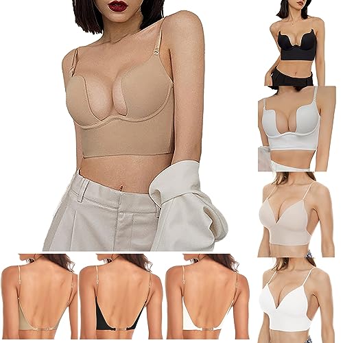 HOOUDO BüGelloser BH Damen Push Up T Shirt BHS Gepolstert Bustier Soft Nahtloser Sexy Tiefe V Kleine Brust Gerafft Bequeme Klassische Verdeckte Dessous von HOOUDO