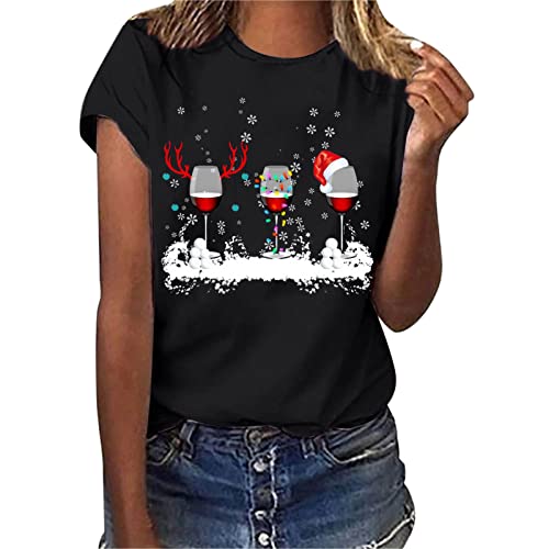 HOOUDO Damen Oberteile Elegant Frauen Weihnachten Weinglas Schneeflocken Geweih Druck O Hals Kurzarm Lose T Shirt Bluse Tops T Shirt 3/4 Arm Damen von HOOUDO