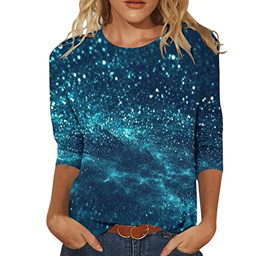 HOOUDO Damen Oberteile Elegant Lässige Mode für Damen, Sternenhimmel, Rundhalsausschnitt, Dreiviertelärmel, T-Shirt, Blusenoberteile Glitzer Top von HOOUDO