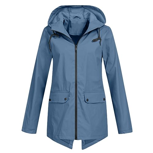 HOOUDO Damen Regenjacke Einfarbig Wasserdicht Regenmantel Mit Kapuze Freizeit Locker Mantel Jacke Outdoor Leichte Jacke Lange Windbreaker Jacke Reißverschluss Übergangsjacke Zum Wandern Reisen Treking von HOOUDO