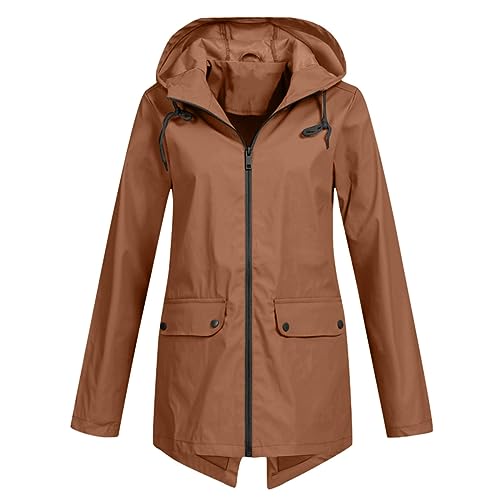 HOOUDO Damen Regenjacke Einfarbig Wasserdicht Regenmantel Mit Kapuze Freizeit Locker Mantel Jacke Outdoor Leichte Jacke Lange Windbreaker Jacke Reißverschluss Übergangsjacke Zum Wandern Reisen Treking von HOOUDO