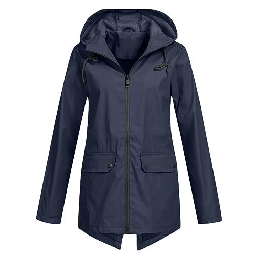 HOOUDO Damen Regenjacke Einfarbig Wasserdicht Regenmantel Mit Kapuze Freizeit Locker Mantel Jacke Outdoor Leichte Jacke Lange Windbreaker Jacke Reißverschluss Übergangsjacke Zum Wandern Reisen Treking von HOOUDO