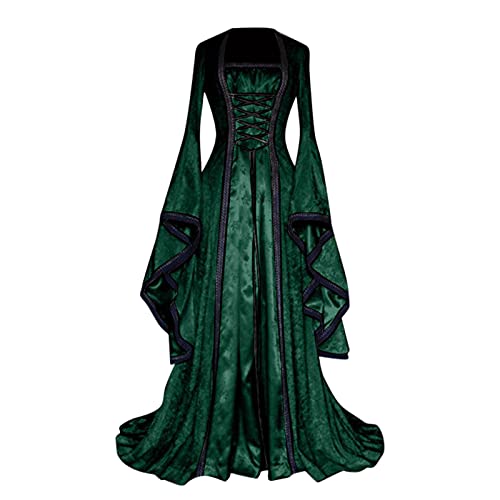 HOOUDO Damen Retro Mittelalter Kleid Frauenkleid Retro-Stil solide Farbe Trompetenhülse Lange Prinzessin Kleidung Mittelalterliche Kleider Für Damen Schwarz von HOOUDO