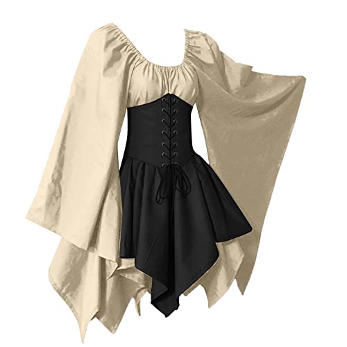 HOOUDO Damen Retro Mittelalter Kleid mit Trompetenärmel Traditionelles irisches Kleid für Damen Renaissance Cosplay Kostüm Oktoberfest Karneval Party Halloween Kostüm cocktailkleid Frauen von HOOUDO