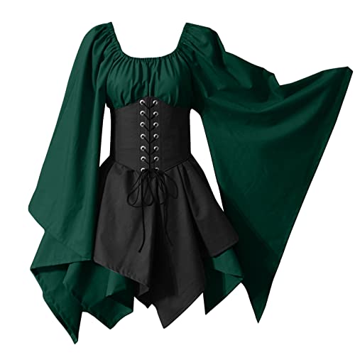 HOOUDO Damen Retro Mittelalter Kleid mit Trompetenärmel Traditionelles irisches Kleid für Damen Renaissance Cosplay Kostüm Oktoberfest Karneval Party Halloween Kostüm cocktailkleid Frauen von HOOUDO