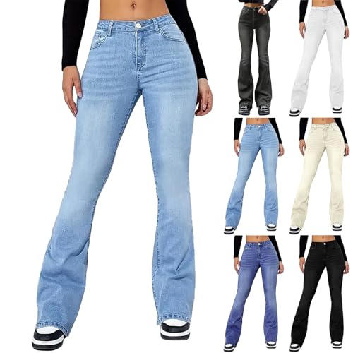 HOOUDO Damen Skinny Fit Jeans, Schlank Curvy Stretch-Jeggings, Kurvige Flared fit Jeans mit 4 Taschen, Hohe Elastizität Schlaghose Damen, Geeignet für Frühling und Herbst hellblau S von HOOUDO