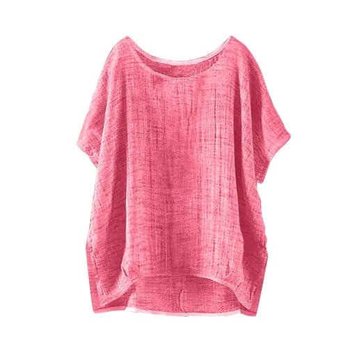 HOOUDO Damen Sommer Kurzarm Seitliche Trennung Solid Casual Loose Leinen Top Damen Oberteil Große Größen Shirt Oversize Top Rosa Quadratischer Ausschnitt Ballonärmel Obertei Bluse von HOOUDO