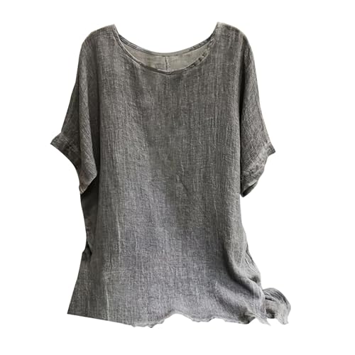 HOOUDO Damen Sommer Kurzarm Seitliche Trennung Solid Casual Loose Leinen Top Damen Oberteil Große Größen Shirt Oversize Top Rosa Quadratischer Ausschnitt Ballonärmel Obertei Bluse von HOOUDO