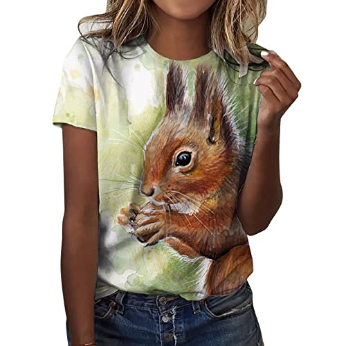 HOOUDO Damen Tshirt Elegant Damen-T-Shirts mit Rundhalsausschnitt, Eichhörnchen-Print, Kurzarm, lässig, T-Shirt, Oberteile, niedliche Grafik-Hemden, Bluse Wickeltop von HOOUDO