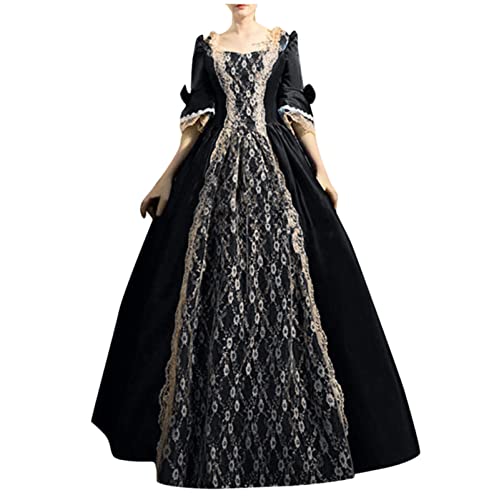 HOOUDO Gothic Kleid Damen Mittelalter Damenkleid Retro-Stil, einfarbig, Trompetenärmel, langes Prinzessinnenkleid Schwarze Kleidung Für Damen Gothic von HOOUDO