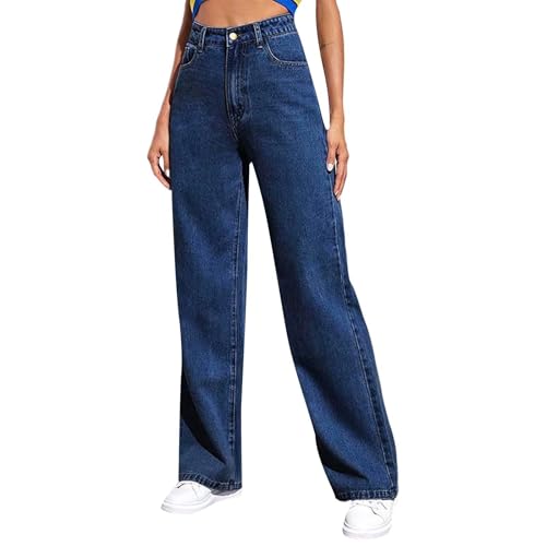 HOOUDO High Waist Flared Jeans Damen, Damen Skinny Fit Jeans, Figurbetonte Hohe Taille Knopfleiste Taschen Jeanshose, Freizeit Leichte Pull On Skinny Stretch-Jeggings mit 4 Taschen Dunkelblau M von HOOUDO