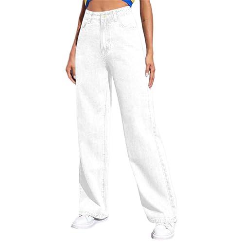 HOOUDO High Waist Flared Jeans Damen, Damen Skinny Fit Jeans, Figurbetonte Hohe Taille Knopfleiste Taschen Jeanshose, Freizeit Leichte Pull On Skinny Stretch-Jeggings mit 4 Taschen Weiß XL von HOOUDO