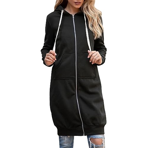 HOOUDO Kapuzenjacke FüR Damen LäSsiges Mode ReißVerschluss Kapuzenpullover Tunika Langer Hoodie Jacke Mantel Bequem Einfarbig Locker Kapuzen Mantel Kordelzug Sweatshirt Mit Taschen von HOOUDO