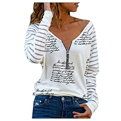 HOOUDO Pullover Damen Langarmshirt Elegante Oberteile Casual V-Ausschnitt Locker Sweatshirt Gestreift Herz Gedruckt T-Shirts Frauen Sexy Herbst Mädchen Bluse Tops mit Reißverschluss Basic Tunika von HOOUDO