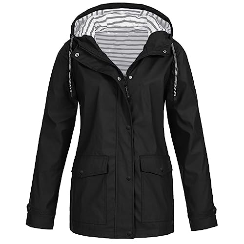 HOOUDO Regenjacke Damen Wasserdicht Atmungsaktiv Dünn/Plüsch-Stil Leichte Regenmantel Hooded Regen Jacke Lang Übergangsjacke Camping Trekking Windbreaker Outdoorjacke Herbst Outwear mit Kapuze von HOOUDO