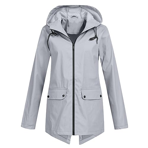 HOOUDO Regenjacke Damen Wasserdicht Atmungsaktiv Lang Regenmantel Schwarz Softshelljacke Outdoorjacke Übergangsjacke Leichte Jacke mit Kapuze für Frühlings Herbst zum Wandern Fahrrad von HOOUDO