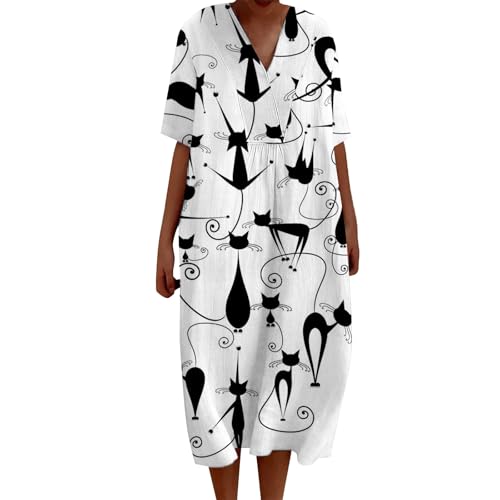 HOOUDO Sale Angebote Sale Angebote Damen Vintage Blumen Kunstdruck Lässiges fließendes Kleid mit Taschen V-Ausschnitt Kurzes Kleid Weisse Sommerkleider Damen Blümchenkleide Sale Angebote Bestellung von HOOUDO