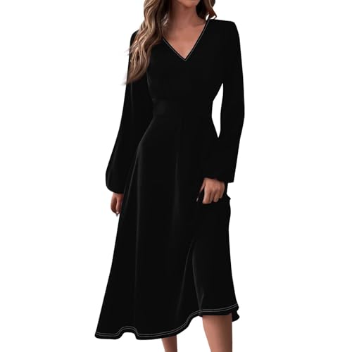 HOOUDO Same Day Angebote Sale Damen 2024 V-Ausschnitt Langarm und Fließendes Swing Mode Elegant Lässig Langes Kleid für Damen Kleid Übergröße Elegante Freizeitkleider So Meine Bestellungen Anzeigen von HOOUDO