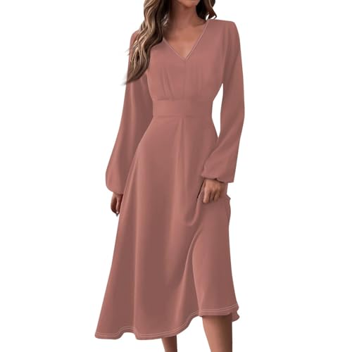 HOOUDO Same Day Angebote Sale Damen 2024 V-Ausschnitt Langarm und Fließendes Swing Mode Elegant Lässig Langes Kleid für Damen Kleid Übergröße Elegante Freizeitkleider Somme Sale Angebote Bestellung von HOOUDO