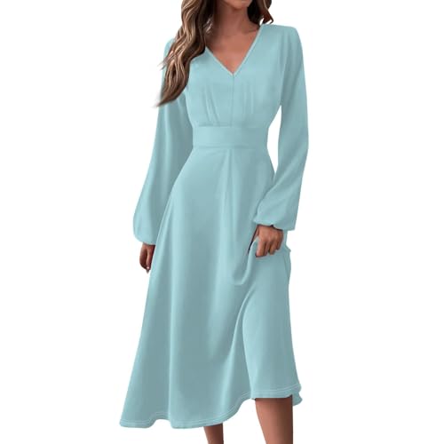 HOOUDO Sonderangebote Schnäppchen Damen 2024 V-Ausschnitt Langarm und Fließendes Swing Mode Elegant Lässig Langes Kleid für Damen Kleid Übergröße Elegante Freizeitkleide Meine Bestellungen Anzeigen von HOOUDO